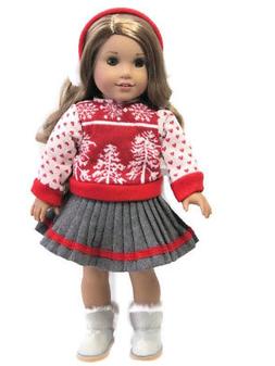 Doll Clothes Red & Gray Winter Sweater, Skirt & Earmuffs For