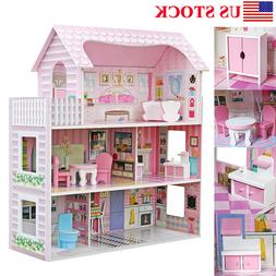 Large Children's Wooden Dollhouse Kid House Play Pink with F