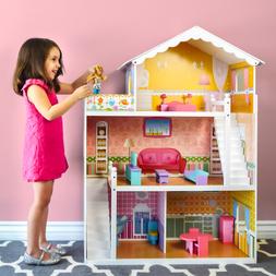 Large Childrens Wooden Dollhouse Barbie Doll House Pink Furn